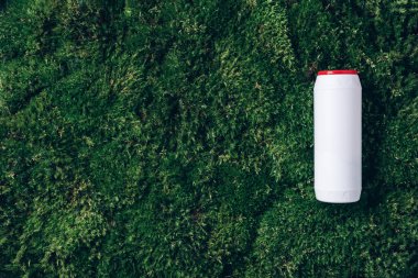 Beyaz plastik deterjan şişesi ya da yeşil çimlerdeki temizlik maddesi, yosun arkaplan. Uzayı kopyala Üst Manzara. Düz yatıyordu. Ev kimyasalları konsepti.