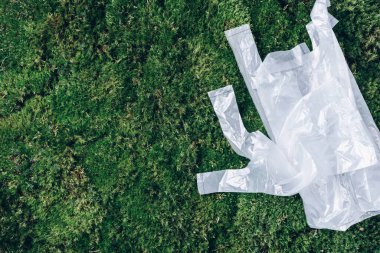 Kirlilik sorunu kavramı. Yeşil yosunlu tek kullanımlık plastik poşetler, çimen arka planda. Üst Manzara. Uzayı kopyala Çevre kirliliği sorunu. Çöp, atık toplama ve tasnif, çöpler dışarıda..