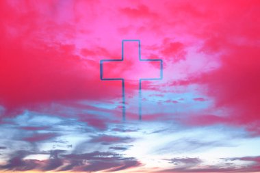 Silhouette of christian cross on pink background, soft bokeh lights background. Copy space. Church worship, salvation concept. Faith symbol in Jesus Christ. Holy cross for Christmas, Easter day.