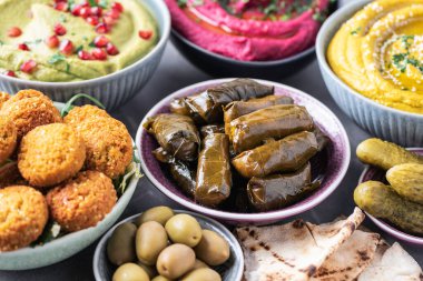 Geleneksel Arap yemekleri. Pide, zeytin, renkli humus, falafel, dolma dolma, babaganush, turşu, sebze, nar, patlıcan. Akdeniz meze partisi fikri.