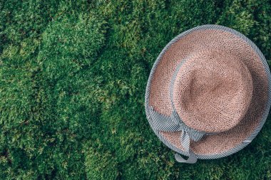 Straw hat on green grass moss background. Summer picnic in forest. Top view. Copy space. Outdoor recreation. Digital Detox. Unplugging, mindfulness.