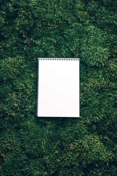 Craft notebook, white sketch book on fresh spring green grass, moss background. Copy space. Top view. Wild nature, ecology concept. Summer forest. Sustainable, organic, zero waste lifestyle.