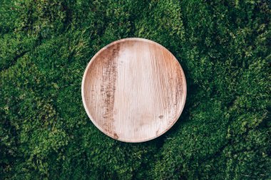 Doğal malzemelerden elde edilen ahşap tek kullanımlık sofra takımı, tahta kaşık, yeşil yosun üzerine çatal. Çevre dostu sürdürülebilir yaşam tarzı. Sıfır atık.