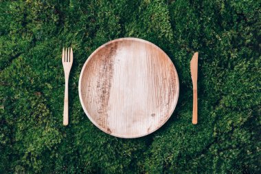 Doğal malzemelerden elde edilen ahşap tek kullanımlık sofra takımı, tahta kaşık, yeşil yosun üzerine çatal. Çevre dostu sürdürülebilir yaşam tarzı. Sıfır atık.