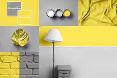 2021 yılının moda renklerinden esinlenilmiş kolaj. Aydınlatıcı sarı ve nihai gri kavram. Tarz tasarım kombinasyonu. Duotone. Renk Psikolojisi. Minimalist iç mekan. Depresyon tedavisi.