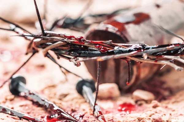 Blutige Nägel Dornenkronen Mit Blutstropfen Auf Grundiertem Hintergrund Karfreitag Passion — Stockfoto