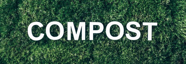 Word Compost Sobre Musgo Fondo Hierba Verde Vista Superior Banner — Foto de Stock