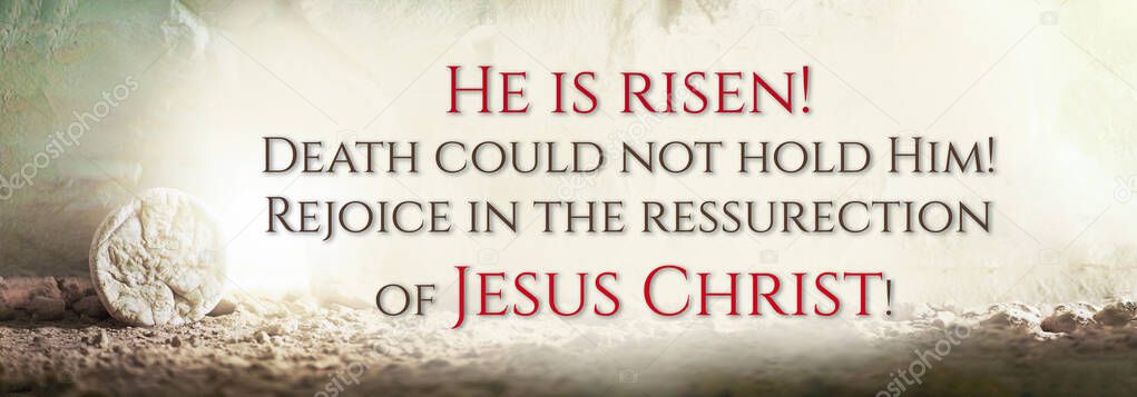 Stone is rolled away from empty grave on Easter morning. Jesus Christ resurrection. Empty tomb of Jesus with light. Born to Die, Born to Rise. He is not here he is risen . Christian Easter concept