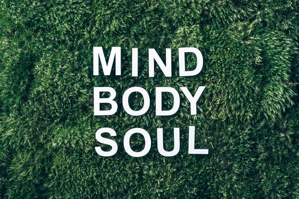 Words Body, mind, spirit and soul on moss, green grass background. Top view. Copy space. Banner. Biophilia concept. Nature backdrop. Work Life Balance concept.