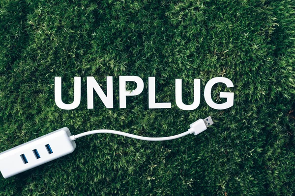 Word Unplug, beyaz internet usb adaptörü yosun, yeşil çimen arka planı. Üst Manzara. Uzayı kopyala Pankart. Biyofili konsepti. Doğa zemin.