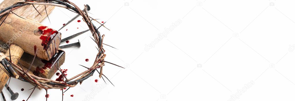 Good Friday, Passion of Jesus Christ. Crown of thorns and bloody nails isolated on white. Christian Easter holiday. Top view, copy space. Crucifixion, resurrection of Jesus Christ. Gospel, salvation