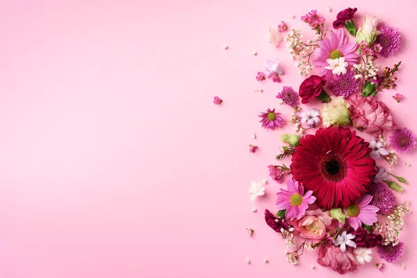 Voorjaar compositie van roze bloemen op punchy pastel achtergrond met kopieerruimte. Creatieve indeling. Plat gelegd. Bovenaanzicht. Zomer minimaal concept. — Stockfoto