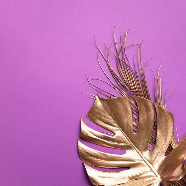 Exotische zomertrend in minimale stijl. Gouden tropische palm monstera blad op violette kleur achtergrond. Glanzend en sprankelend design, modeconcept. — Stockfoto