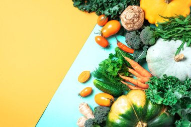 Sarı ve yeşil arka planda sonbahar sebzeleri. Üst Manzara. Vegan ve vejetaryen diyeti, hasat konsepti. Pişirmek için gerekli malzemeler - balkabağı, domates, salatalık, biber, lahana, brokoli, kereviz