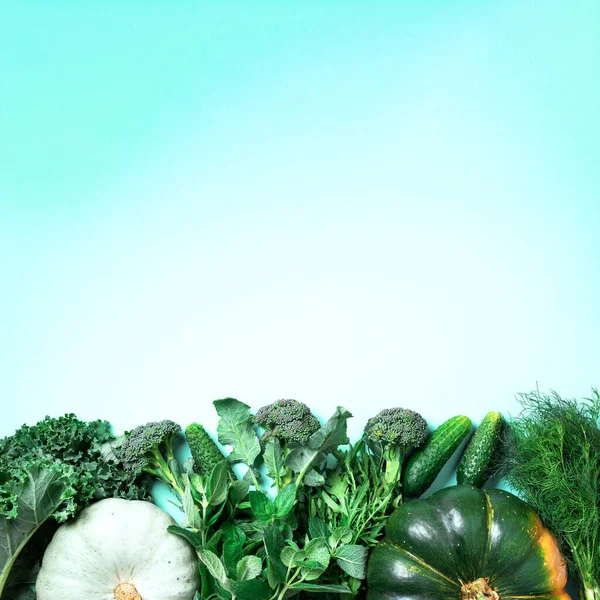 Зеленые органические овощи на модном фоне мяты. Вид сверху. Диета, детоксикация и здоровое питание. Ингредиенты для салата. Осенний сбор урожая и День благодарения — стоковое фото