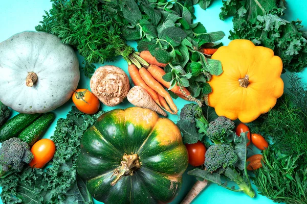 Осенние овощи на модном зеленом фоне. Вид сверху. Веганская и вегетарианская диета, концепция урожая. Состав для приготовления пищи - тыква, помидоры, огурец, перец, капуста, брокколи, сельдерей — стоковое фото