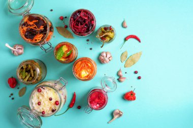 Mavi arka planda çeşitli mayalanmış ve marine edilmiş yiyecekler, kopyalama alanı. Üst Manzara. Pankart. Mayalanmış sebze, lahana turşusu, biber, sarımsak, pancar, Kore havucu, salatalık turşusu.