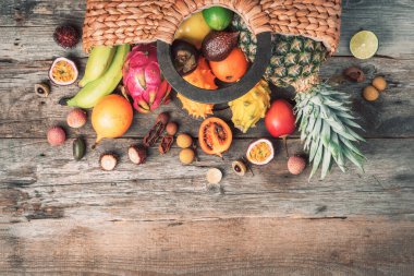 Tahta arka planda saman çuvalında egzotik meyveler. Üst Manzara. Uzayı kopyala Tropik meyve düzlüğü. Sıfır atık, plastiksiz konsept. Seyahat ve tatil konsepti. Vejetaryen, vejetaryen sağlıklı beslenme