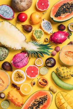 Egzotik meyveler - ananas, papaya, mango, annona, muz, pitahaya, kiwano, afrika boynuzlu kavun, tamarillo meyvesi, granadilla, β, yılan meyvesi, maracuya, rambutan, lychee, longan, tamarind