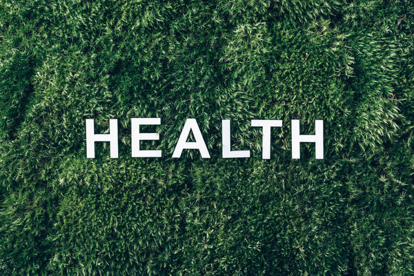 Word Health on moss, green grass background. Top view. Copy space. Banner. Biophilia trend. Nature backdrop. Mental Health concept