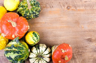 Siyah bir zemin üzerine küçük dekor balkabağı. Sonbahar çerçeve