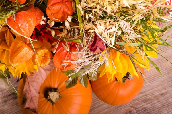 Осенний букет, тыквы, крыжовник на дереве — стоковое фото