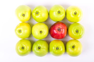Background of green apples with one red apple clipart