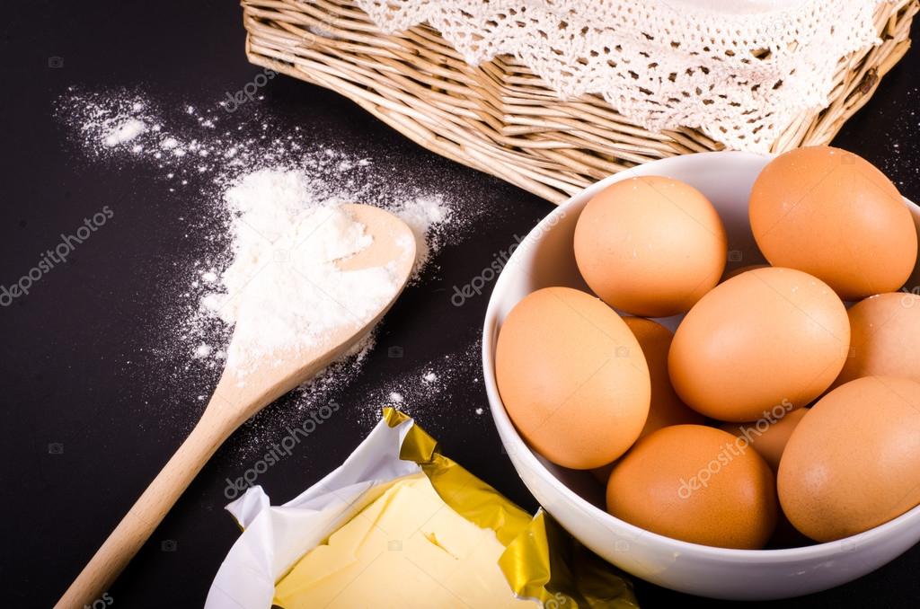 Baking background with flour, eggs and butter