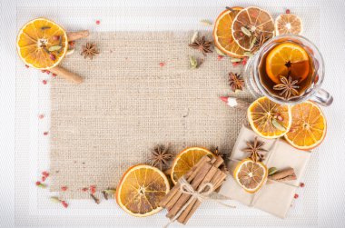 Dried oranges, cinnamon, cloves, cardamom, handmade milk chocolate with nuts, mulled wine, wooden pencil on sackcloth, canvas. Christmas, New Year and winter. Free space for your text.