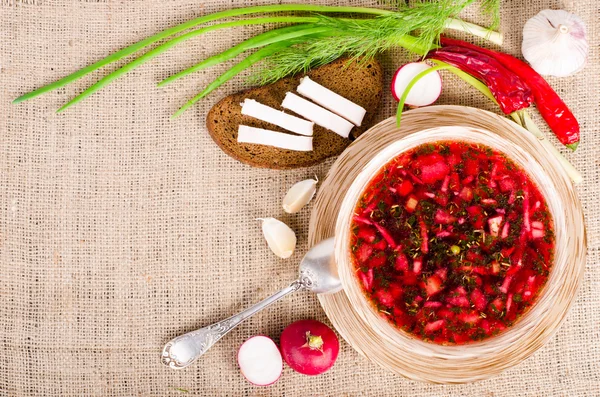 Beetroot soup in bowl with salted fresh lard, garlic, green onion, red pepper and rye bread on sackcloth, canvas background. — Stock Image Beetroot soup in bowl with salted fresh lard, garlic, green onion, red pepper and rye bread on sackcloth, canvas background. Royalty Free Stock Images