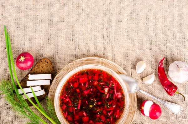 Beetroot soup in bowl with salted fresh lard, garlic, green onion, red pepper and rye bread on sackcloth, canvas background. — Stock Image Beetroot soup in bowl with salted fresh lard, garlic, green onion, red pepper and rye bread on sackcloth, canvas background. Stock Image