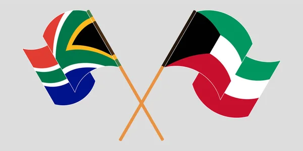 Banderas cruzadas y ondeando de Sudáfrica y Kuwait — Archivo Imágenes Vectoriales