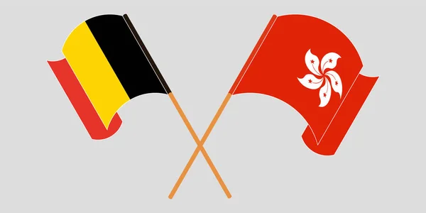 Bendera penyeberangan dan melambaikan bendera Hong Kong dan Belgia - Stok Vektor