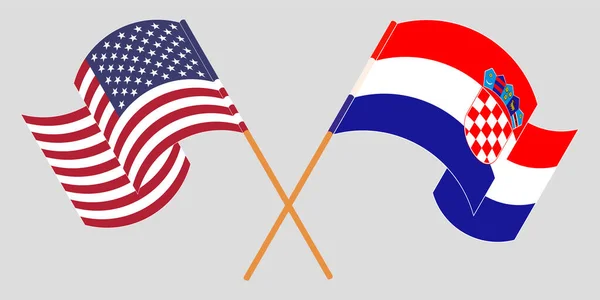Hırvatistan ve ABD 'nin çapraz ve dalgalı bayrakları — Stok Vektör