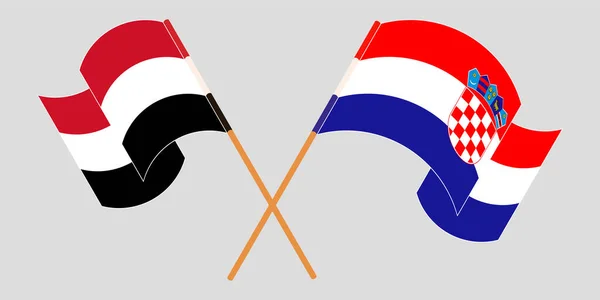 Hırvatistan ve Yemen 'in çapraz ve dalgalı bayrakları — Stok Vektör