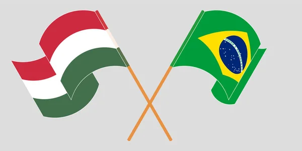 Drapeaux croisés et agités de la Hongrie et du Brésil — Image vectorielle
