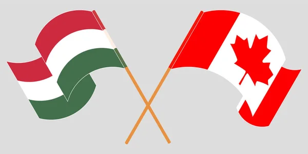 Gekruiste en wapperende vlaggen van Hongarije en Canada — Stockvector