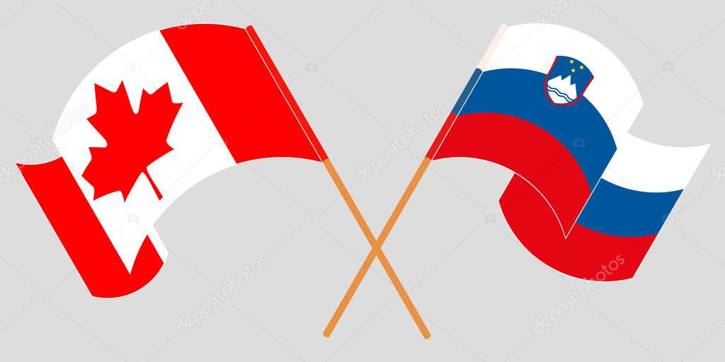 Crossed and waving flags of Slovenia and Canada