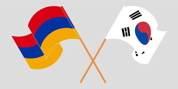 Gekruiste en wapperende vlaggen van Armenië en Zuid-Korea — Stockvector