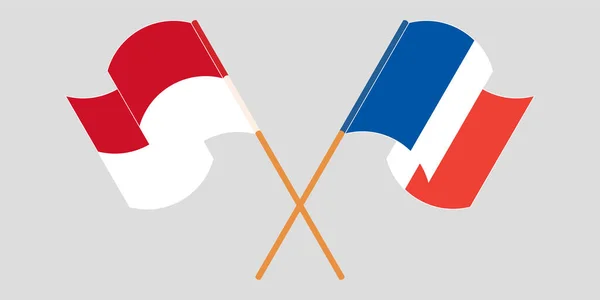 Crossed and waving flags of Indonesia and France — Stok Vektör