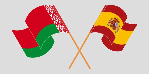 Crossed and waving flags of Belarus and Spain — Stock Vector