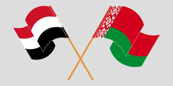 Bandeiras cruzadas e onduladas da Bielorrússia e do Iémen — Vetor de Stock