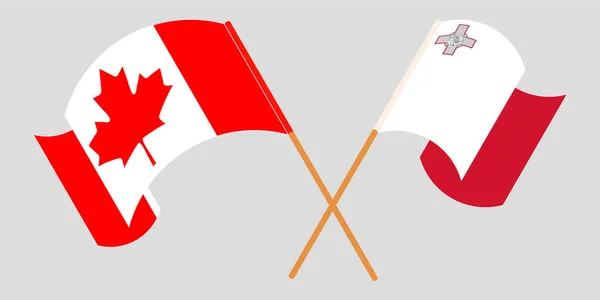 Gekruiste en wapperende vlaggen van Malta en Canada — Stockvector