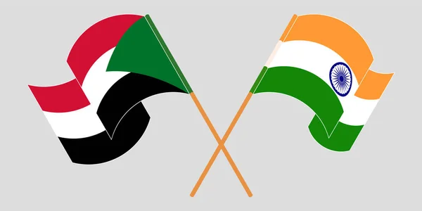 Bandiere attraversate e sventolate del Sudan e dell'India — Vettoriale Stock
