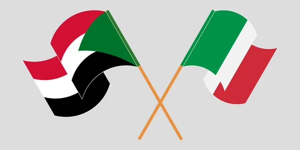 Crossed and waving flags of Sudan and Italy — ストックベクタ