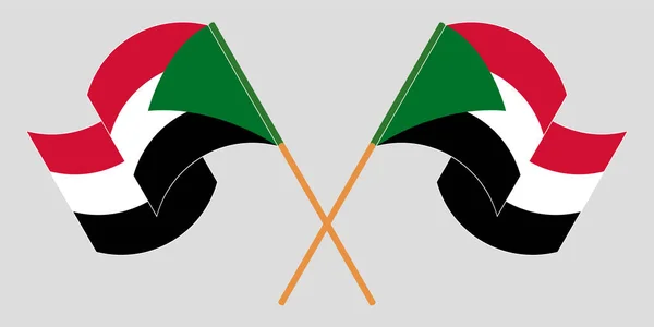 Crossed and waving flags of Sudan — Vector de stock