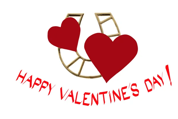 З Днем Святого Валентина! Двоє сердець і золота підкова на щастя — стокове фото