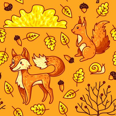 Tilki, sincap, sarı yapraklar, meşe palamudu ve çalılarla elle çizilmiş sonbahar orman vektörlerinin kusursuz deseni. Çocuk ambalajı, kağıt, parmak izi, kumaş tasarımı için uygun.