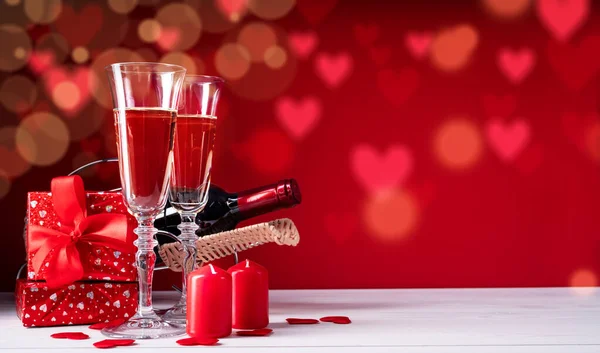 Valentines Day Two Champagne Glasses Gift Boxes Candles Beautiful Bokeh — Stock Photo, Image