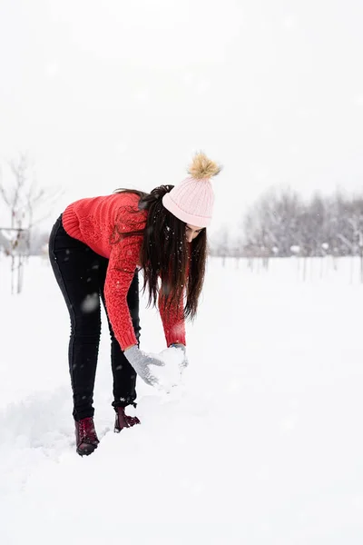 Temporada Inverno Jovem Morena Camisola Vermelha Brincando Com Neve Parque — Fotografia de Stock